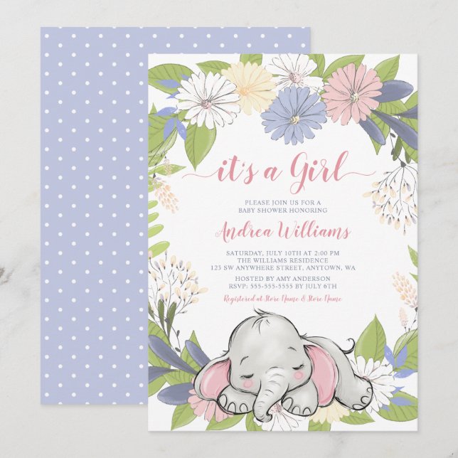 Floral Wreath Elephant Girl Baby Shower Invitation (Front/Back)