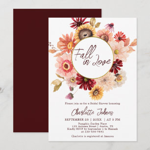 Floral Wreath Fall In Love Burgundy Bridal Shower Invitation
