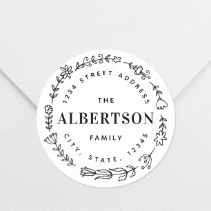 Floral Wreath Family Name Custom Return Address Classic Round Sticker