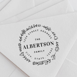 Floral Wreath Family Name Return Address Rubber Stamp