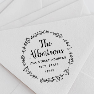Floral Wreath Family Name Return Address Stamp