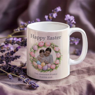 Floral Wreath & Family Photo Personalised Easter  Coffee Mug