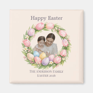 Floral Wreath & Family Photo Personalised Easter  Magnet