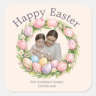 Floral Wreath & Family Photo Personalised Easter  Square Sticker