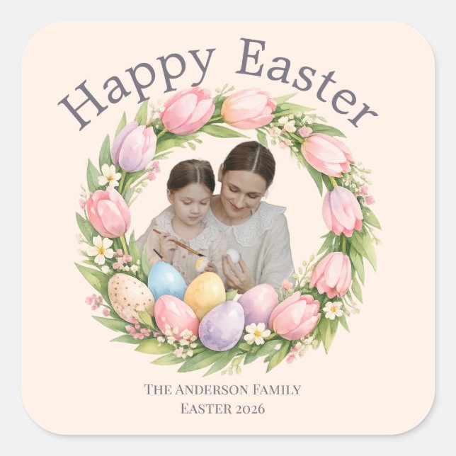 Floral Wreath & Family Photo Personalized Easter  Square Sticker (Front)