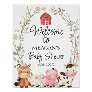 Floral Wreath Farm Animals Baby Shower Welcome Poster