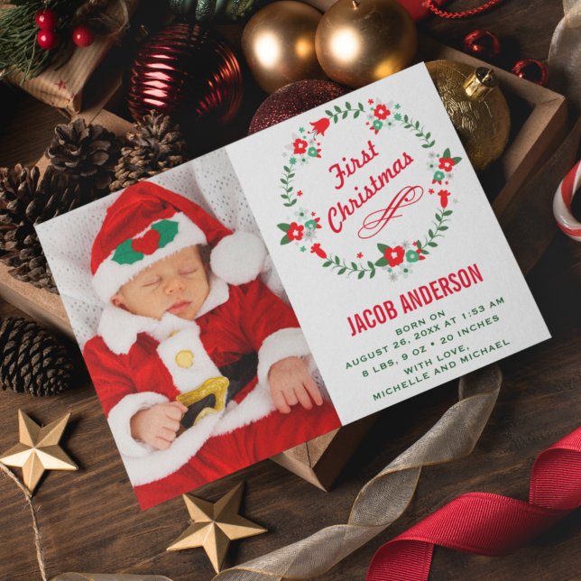 Floral Wreath First Christmas Birth Announcement (Creator Uploaded)