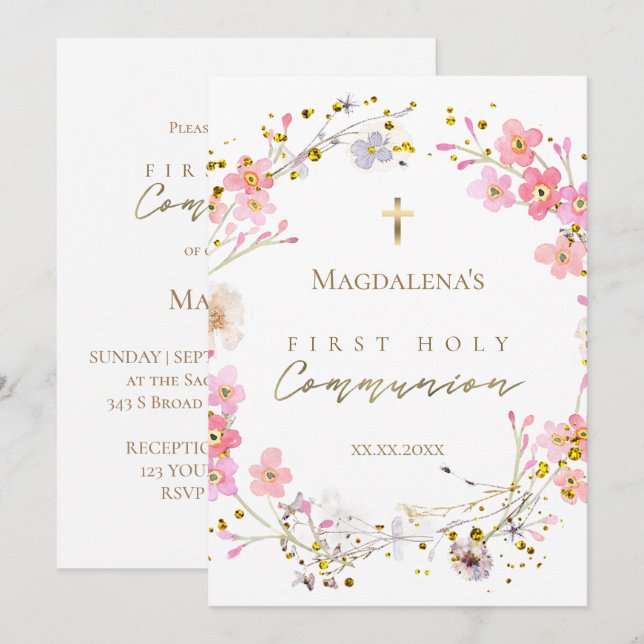 floral wreath First Holy Communion  Invitation (Front/Back)