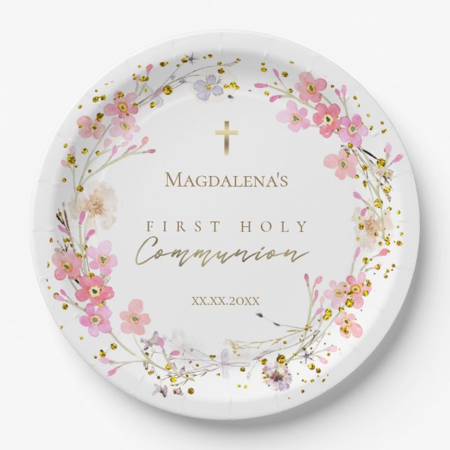 floral wreath First Holy Communion Paper Plate (Front)