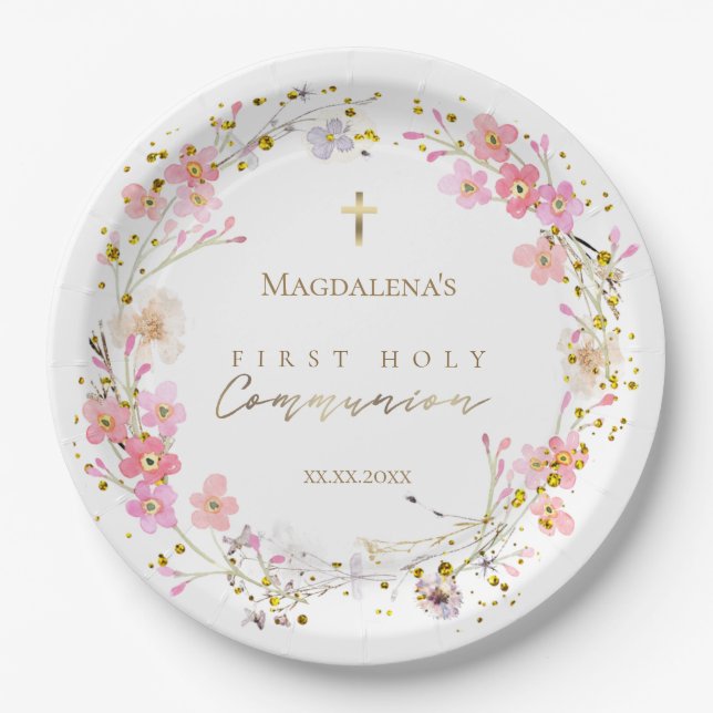 floral wreath First Holy Communion Paper Plate (Front)