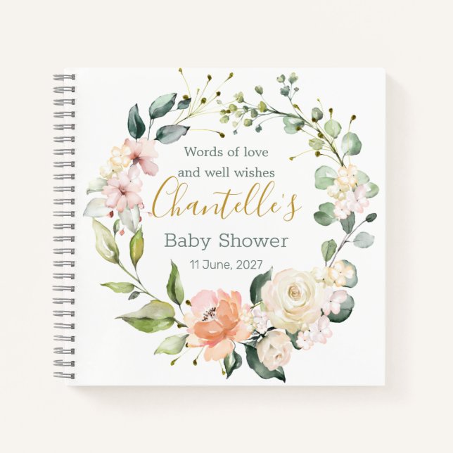 Floral wreath, foliage Baby Shower Notebook (Front)