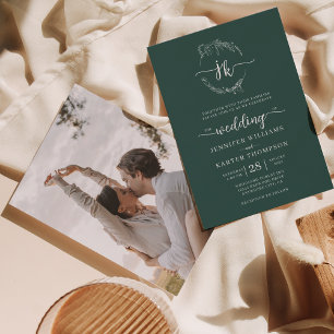 Floral Wreath Forest Green Monogram Photo Wedding Invitation