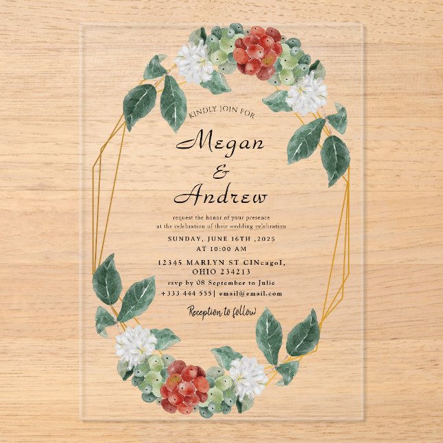 Floral Wreath & Geometric Frame Wedding Acrylic Acrylic Invitations (Front)