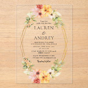 Floral Wreath & Geometric Frame Wedding Acrylic Invitations