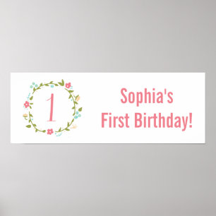 Floral Wreath Girl 1st Birthday Personalised Poster