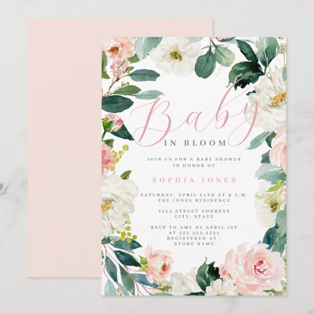 Floral Wreath Girl Baby in Bloom Baby Shower   Invitation (Front/Back)