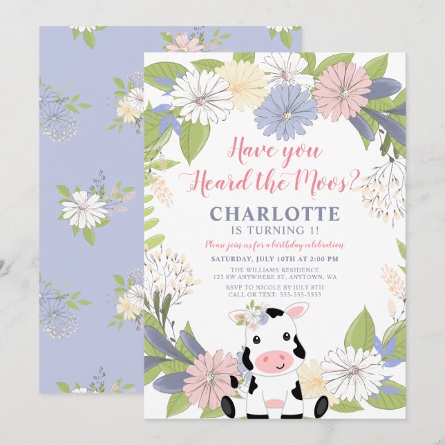 Floral Wreath Girl Cow 1st Birthday Invitation (Front/Back)