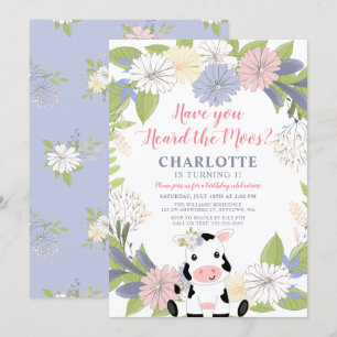 Floral Wreath Girl Cow 1st Birthday Invitation