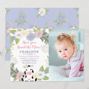 Floral Wreath Girl Cow 1st Birthday Photo Invitation