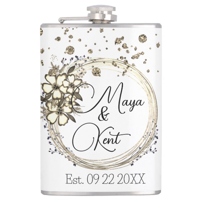Floral Wreath Glitter Wedding Personalised  Hip Flask (Front)