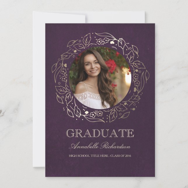 Floral Wreath Gold and Plum Photo Graduation Invitation (Front)