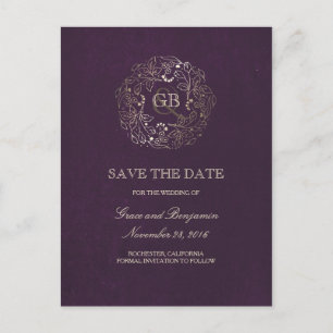 Floral Wreath Gold and Plum Vintage Save the Date Announcement Postcard