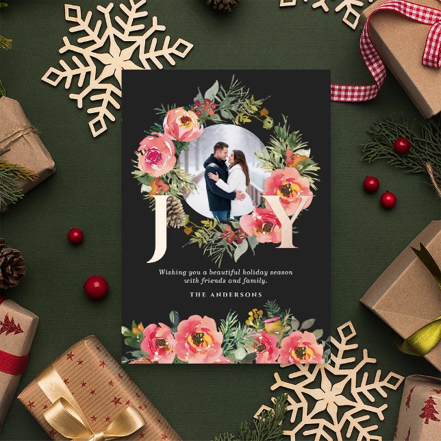 Floral Wreath Gold Joy Botanical Christmas Photo  Foil Holiday Card (Creator Uploaded)