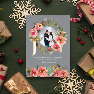 Floral Wreath Gold Joy Botanical Christmas Photo  Foil Holiday Card