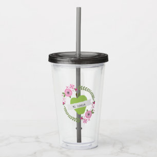 Floral Wreath Green Apple Personalised Teacher Acrylic Tumbler