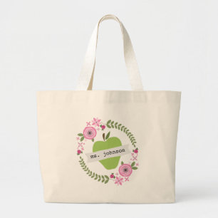 Floral Wreath Green Apple Personalised Teacher Large Tote Bag