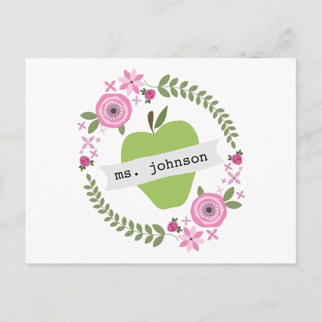 Floral Wreath Green Apple Personalised Teacher Postcard (Front)