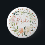 Floral wreath & green leaves, polka dot Bride<br><div class="desc">Elegant "Bride" button with watercolor floral wreath of roses in soft pastel cream and peach colours,  green foliage and polka dot circle</div>