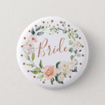 Floral wreath & green leaves, polka dot Bride 6 Cm Round Badge<br><div class="desc">Elegant "Bride" button with watercolor floral wreath of roses in soft pastel cream and peach colours,  green foliage and polka dot circle</div>