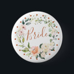 Floral wreath & green leaves, polka dot Bride 6 Cm Round Badge<br><div class="desc">Elegant "Bride" button with watercolor floral wreath of roses in soft pastel cream and peach colours,  green foliage and polka dot circle</div>