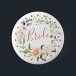 Floral wreath & green leaves, polka dot Bride 6 Cm Round Badge<br><div class="desc">Elegant "Bride" button with watercolor floral wreath of roses in soft pastel cream and peach colours,  green foliage and polka dot circle</div>