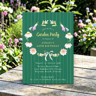 Floral Wreath Green Striped Garden 60th Party Invitation