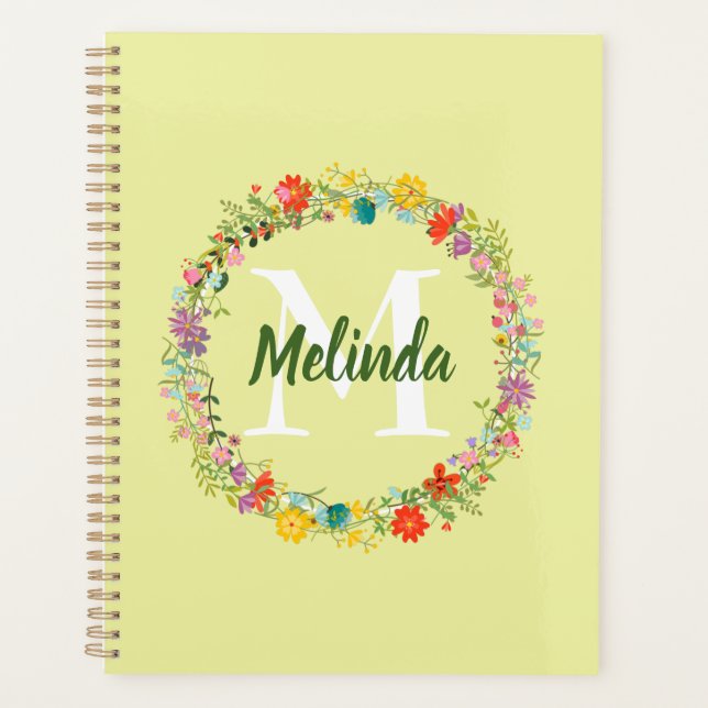 Floral Wreath Green Stripes Personalised Monogram Planner (Front)
