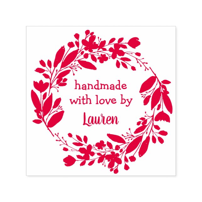 Floral Wreath Handmade With Love By Custom Name Self-inking Stamp (Design)