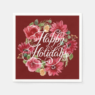 Floral Wreath Happy Holidays Red Napkins