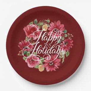Floral Wreath Happy Holidays Red Paper Plate