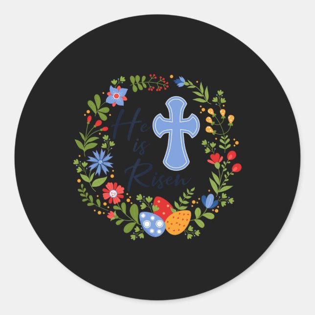 Floral Wreath He Is Risen Jesus Christian Happy Ea Classic Round Sticker (Front)