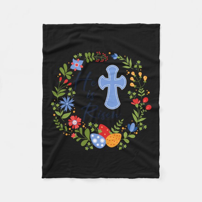Floral Wreath He Is Risen Jesus Christian Happy Ea Fleece Blanket (Front)