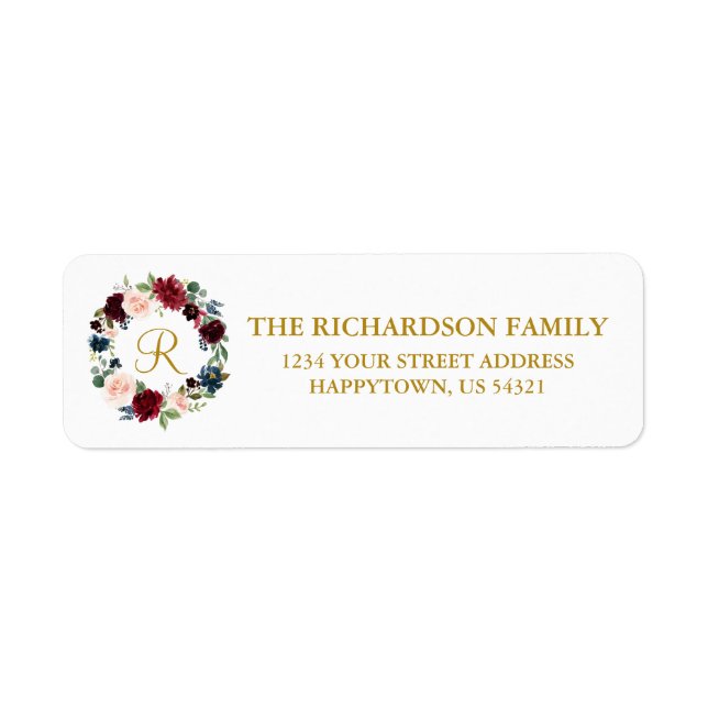 Floral Wreath Holiday Monogram Gold Address (Front)