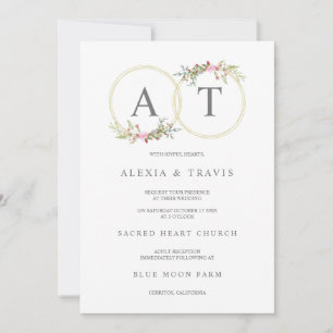Floral Wreath in Gold & Pink Shades with Initials Invitation