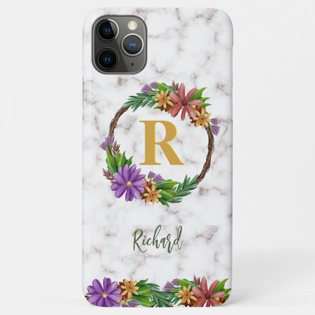 Floral Wreath Initial Letter Monogram Name Marble Case-Mate iPhone Case (Back)