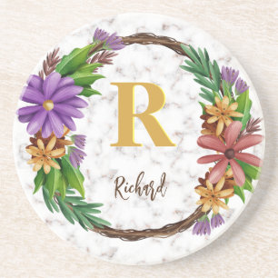 Floral Wreath Initial Letter Monogram Name Marble Coaster