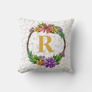 Floral Wreath Initial Letter Monogram Name Marble Cushion