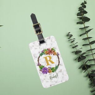 Floral Wreath Initial Letter Monogram Name Marble Luggage Tag