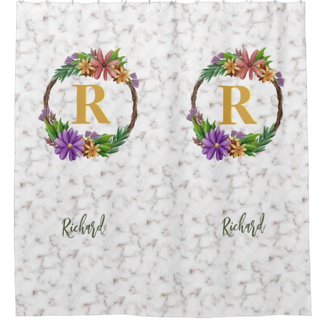 Floral Wreath Initial Letter Monogram Name Marble Shower Curtain (Front)