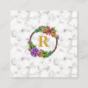 Floral Wreath Initial Letter Monogram Name Marble Square Business Card
